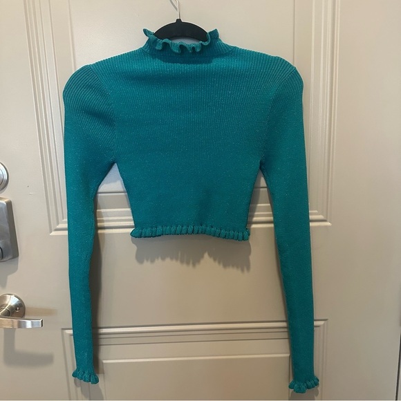 NWT For Love & Lemons Lorelei Cropped Ruffle Sweater Size Extra Small XS Teal - Picture 3 of 8